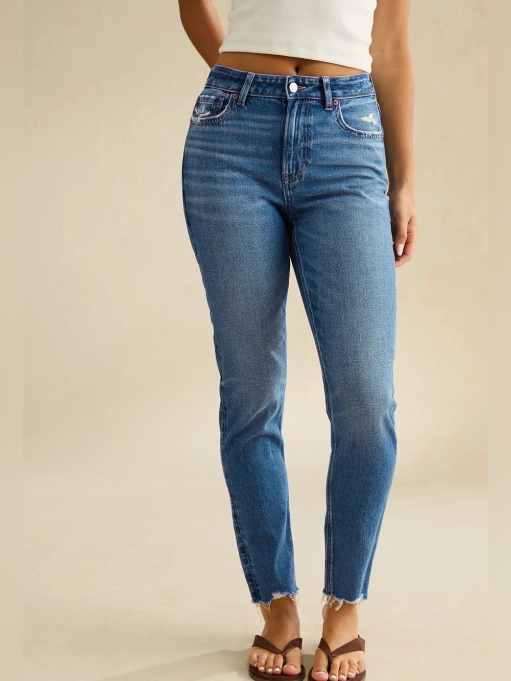 American Eagle Outfitters Straight Leg Mom Jeans‎ in Medium Blue with Raw Hem